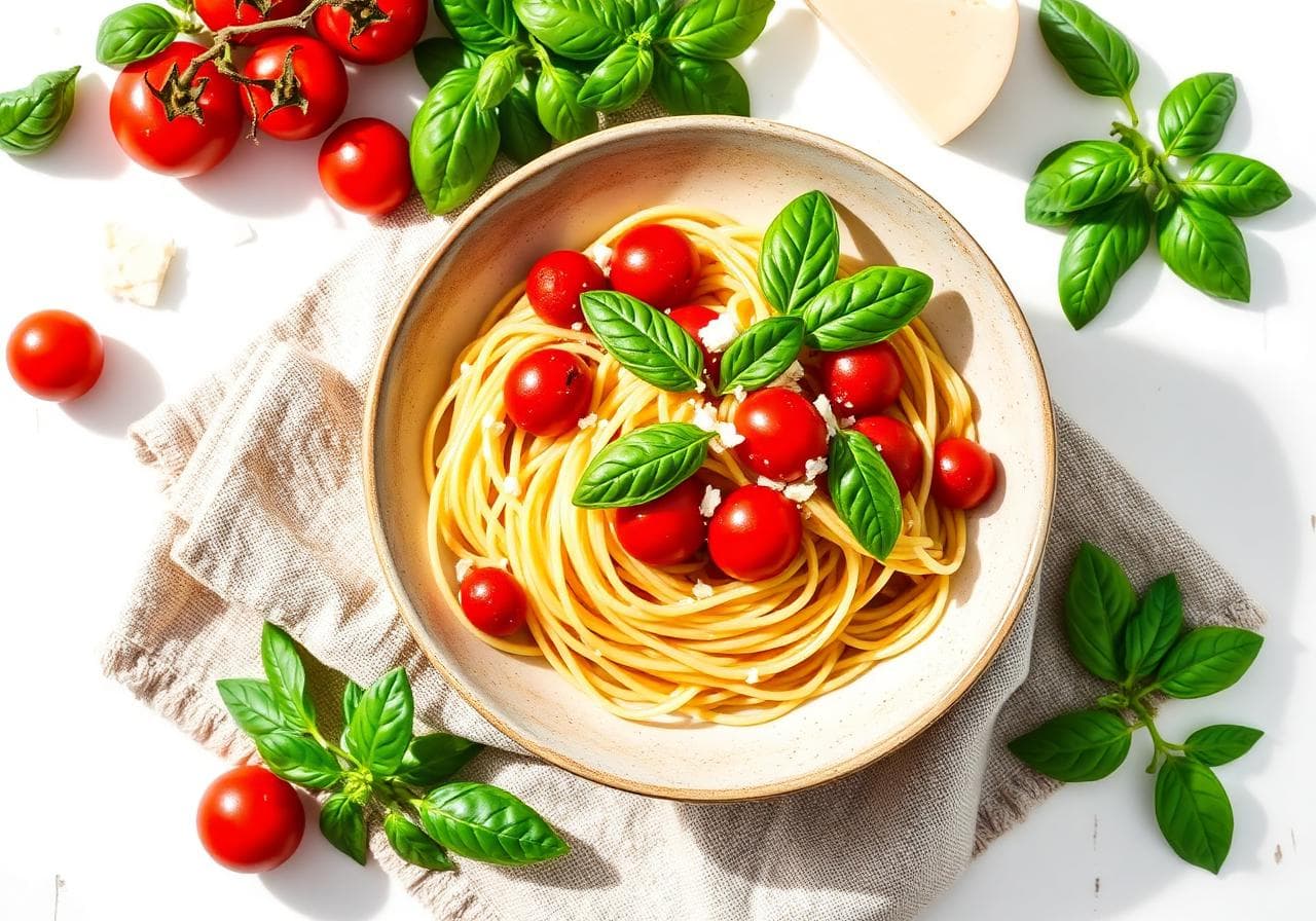 Plato de pasta italiana con tomates cherry y albahaca